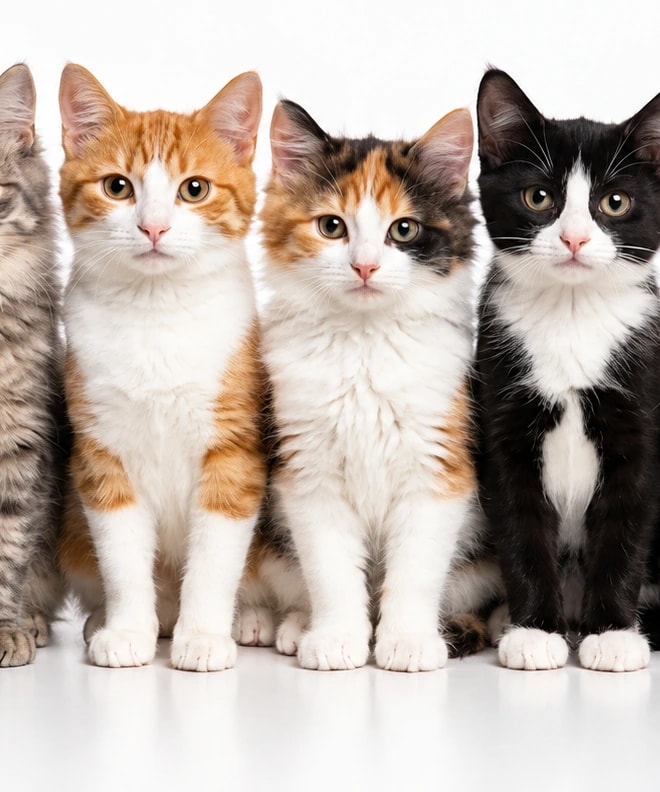Gatos de diferentes pelagens em um fundo claro